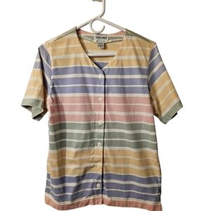 Alfred Dunner Pastel Multicolor Striped Short-Sleeve Button Front Top